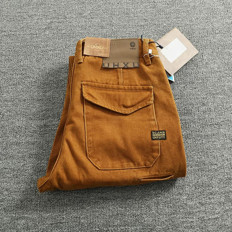 Retro heavy simple cargo pants men's loose straight leg casual pants pure cotton twill woven 3D vertical cut cone pants
