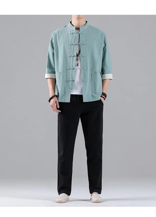 Camicie in Stile Cinese per Uomo, Top Tradizionale Tang in Lino a Mezza Manica, Camicia Kung Fu Hanfu Vintage Casual, Taglie Grandi fino a 5XL
