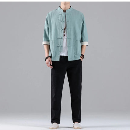 Camicie in Stile Cinese per Uomo, Top Tradizionale Tang in Lino a Mezza Manica, Camicia Kung Fu Hanfu Vintage Casual, Taglie Grandi fino a 5XL