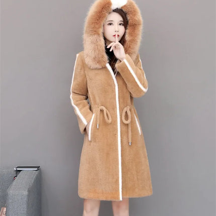 Imitation Mink Fleece Jackets Womens Autumn Winter Thicken Warm Hooded Woolen Coat High End Lady Gold Mink Velvet Wool Overcoat