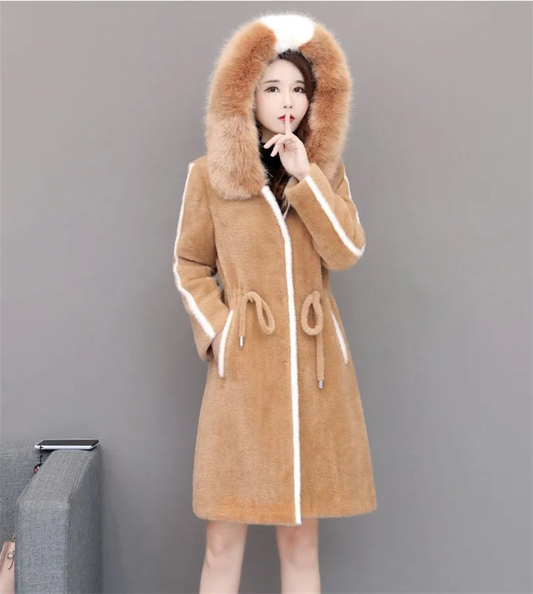 Imitation Mink Fleece Jackets Womens Autumn Winter Thicken Warm Hooded Woolen Coat High End Lady Gold Mink Velvet Wool Overcoat