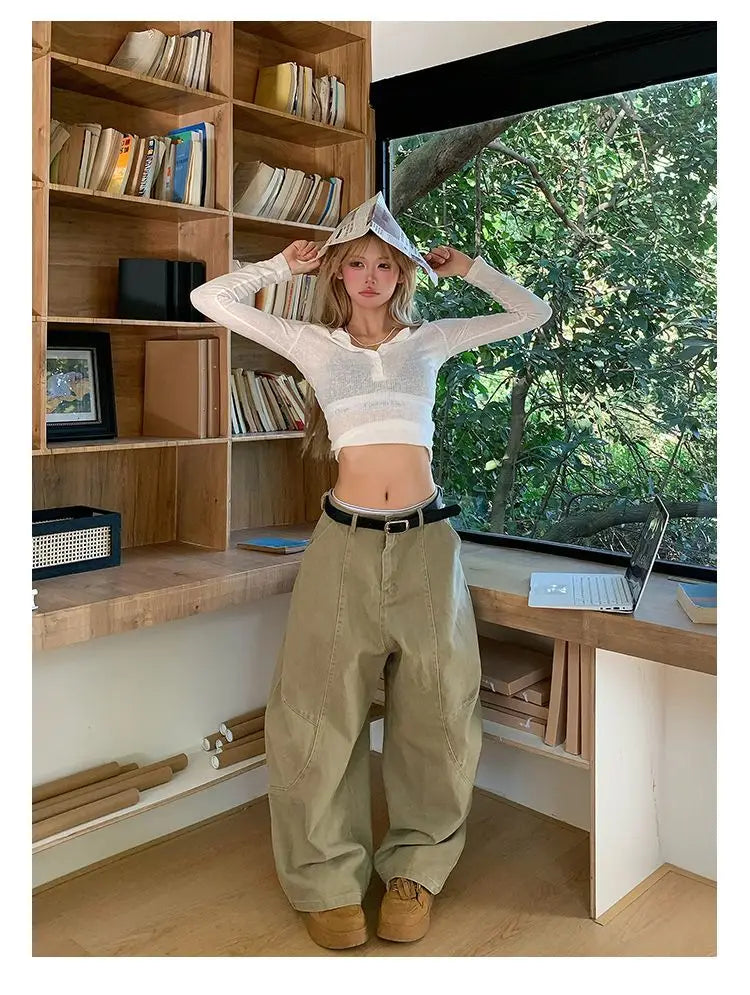 HOUZHOU Y2K Vintage Wash Donna Cargo Jeans Harajuku Scimitar Gamba larga Pantaloni in denim retrò americani Pantaloni larghi Gyaru Streetwear
