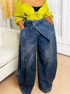 Y2K Jeans denim larghi da donna Tasca con bottoni asimmetrica Jean lavato Pantaloni casual Harajuku High Street Grunge Denim Trouders