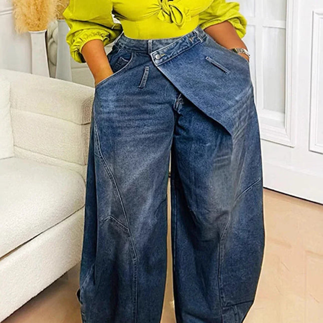 Y2K Jeans denim larghi da donna Tasca con bottoni asimmetrica Jean lavato Pantaloni casual Harajuku High Street Grunge Denim Trouders