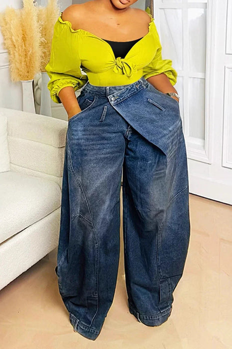 Y2K Jeans denim larghi da donna Tasca con bottoni asimmetrica Jean lavato Pantaloni casual Harajuku High Street Grunge Denim Trouders