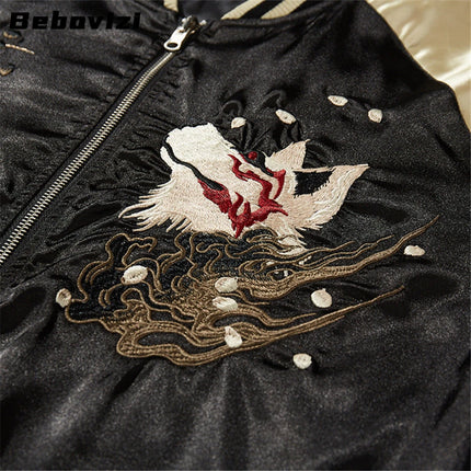 High Quality Japanese Style Nine-tailed Fox Embroidered Motorcycle Jacket Streetwear Harajuku Hip Hop Men Baseball Coat Autumn