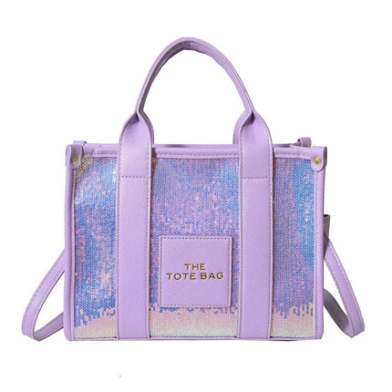 Sequins Top-Handle Bags Fashion PU Leather Shoulder Bag Large Capacity Travel Handbag Women Trendy Casual Satchel Tote Purse PlatiNum