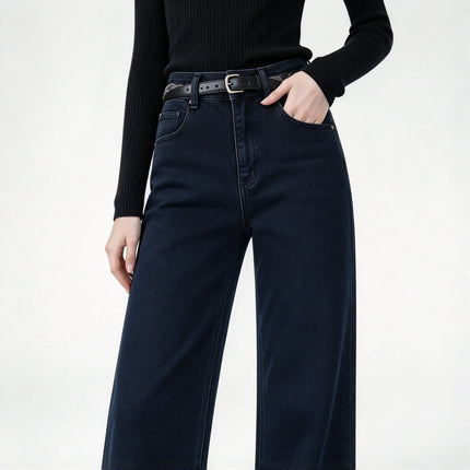 Women’s high-waisted, wide-leg jeans in dark blue raw denim; elegant, casual-style wide-leg trousers with a relaxed fit, perfect for the casual office and versatile everyday looks FX-1338-7