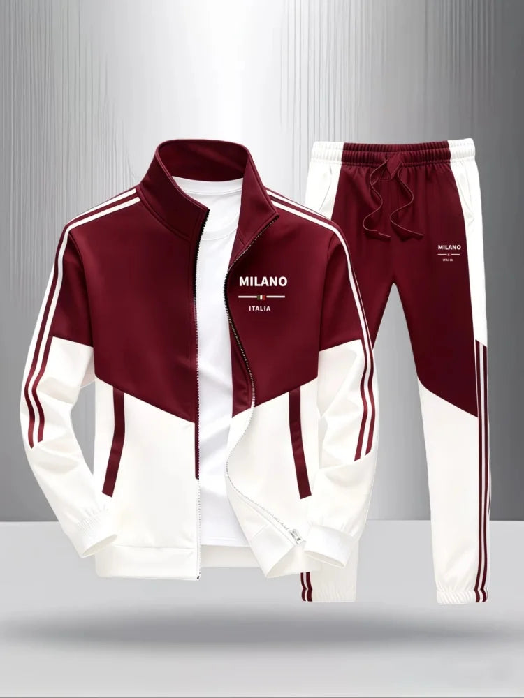 Men 2 Piece Tracksuit Fashion Milano Italia Print Stand Collar Full Zip Jacket Drawstring Jogger Suits Athletic Casual Outfit