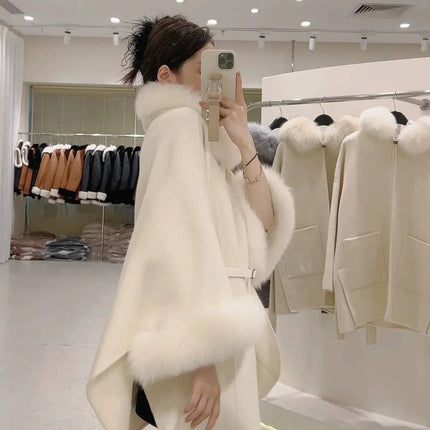 UCXQ Korean Style Two Sided Cloak Overcoat For Women Fur Collars Belt Loose Long Coats 2025 Winter New 23Z2284