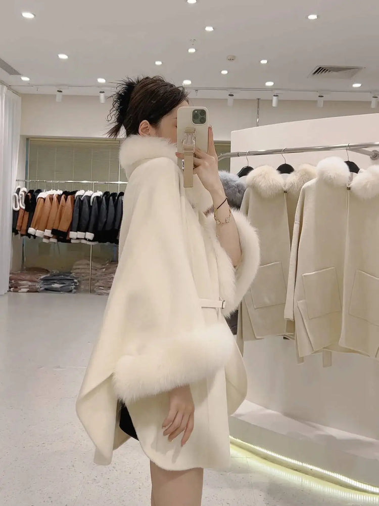 UCXQ Korean Style Two Sided Cloak Overcoat For Women Fur Collars Belt Loose Long Coats 2025 Winter New 23Z2284