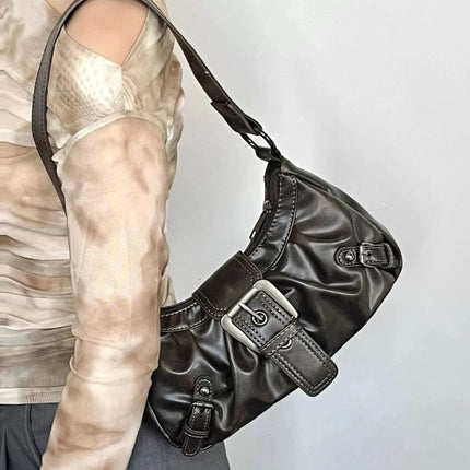 Y2K Vintage Distressed Leather Women Bag Shoulder Bag Maillard Style Underarm Purse Two Tone Crossbody Bag for Women PlatiNum