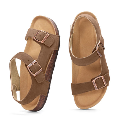 Eyriphy New Women Open Toe Leopard Slides With Adjustable Buckle Classic Flat Sandals Casual Cork Footbed Women's Slippers