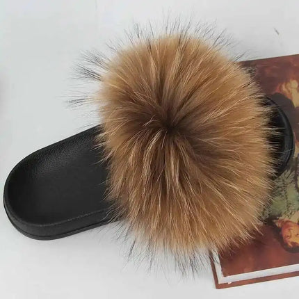 Real Raccoon Fur Slippers for Women 2023 Summer Fluffy Indoor Home Fuzzy Flat Slides Outdoor Fashion Beach Sandals Flip Flops