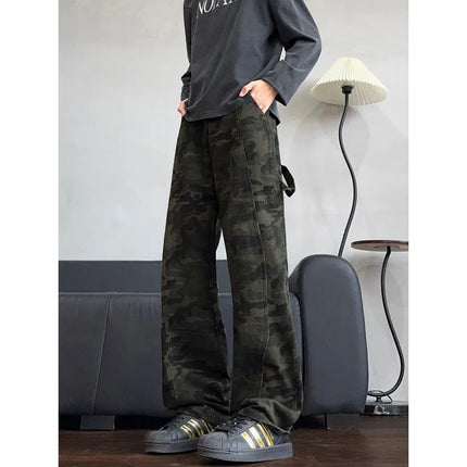 2026 Autumn Winter Mens Camouflage Flare Jeans American Dark Street Style Slim Fit Niche Design Casual Denim Long Pants