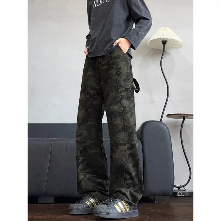 2026 Autumn Winter Mens Camouflage Flare Jeans American Dark Street Style Slim Fit Niche Design Casual Denim Long Pants