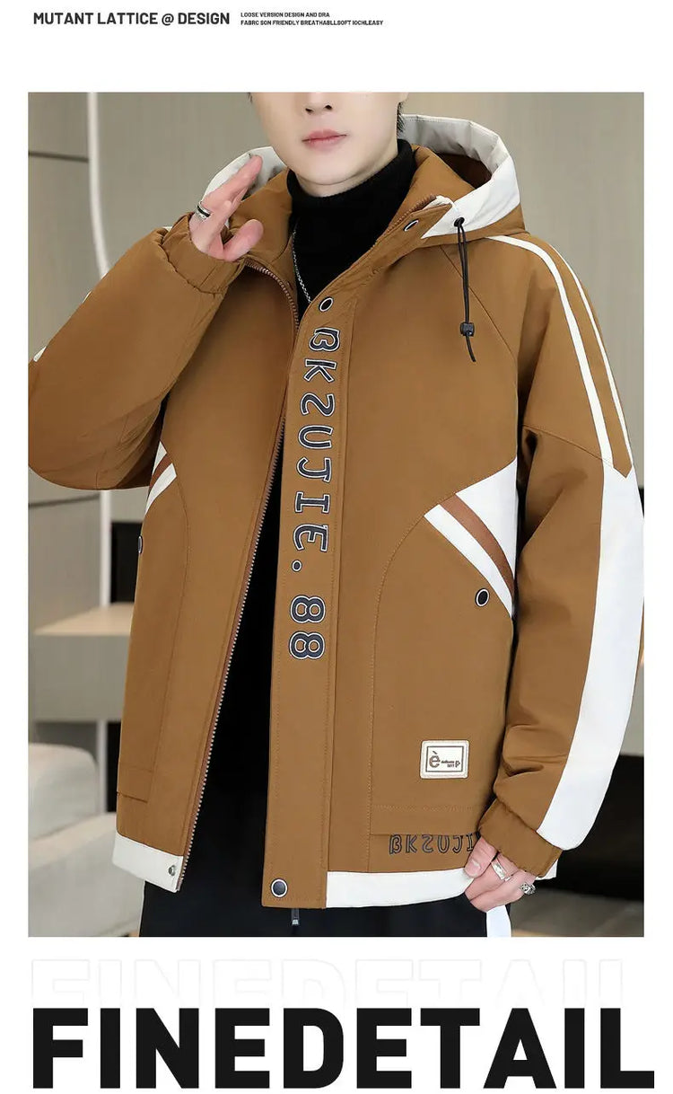Fashion Autumn Winter Men's Hooded Fleece Jackets Youth High Streetwear Casual Plush Liner Coats Windproof Padded Tops Clothing