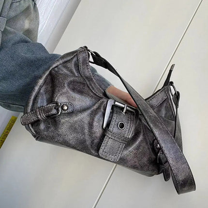 Y2K Vintage Distressed Leather Women Bag Shoulder Bag Maillard Style Underarm Purse Two Tone Crossbody Bag for Women PlatiNum