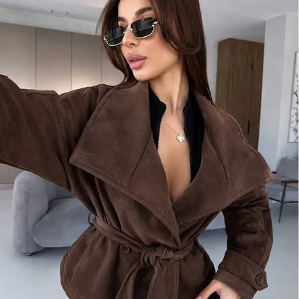 Elegant Suede Women Jacket Turn Down Collar Double Breasted Belt Waist Slim Jackets 2026 Autumn Winter Female Fashion Tops