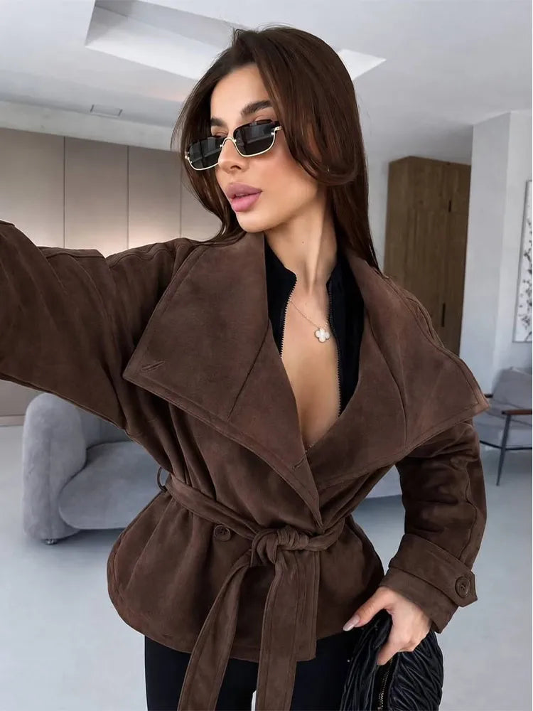 Elegant Suede Women Jacket Turn Down Collar Double Breasted Belt Waist Slim Jackets 2026 Autumn Winter Female Fashion Tops