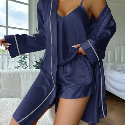 Pigiama semplice in raso con maniche lunghe, abito con cintura, scollo a V, top e pantaloncini, pigiama da donna