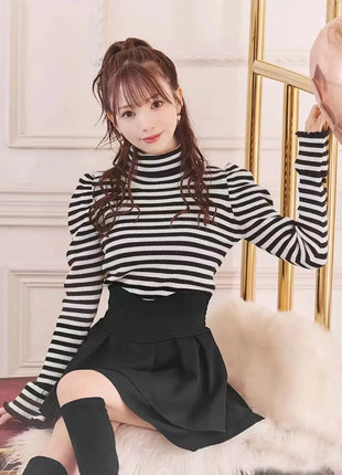 Minigonna a balze Lautaro Primavera Estate Nera Dolce Carina Kawaii a Vita Alta da Donna, Abbigliamento Cutecore Stile Giapponese Moda