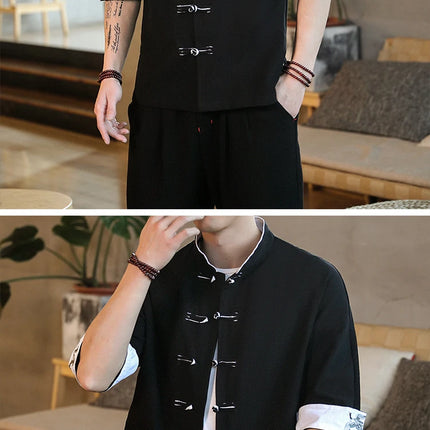 Nuovo gru ricamo top abbigliamento tradizionale cinese per uomo camicie vintage in lino a mezza manica colletto Madarin solido Hanfu Kungfu