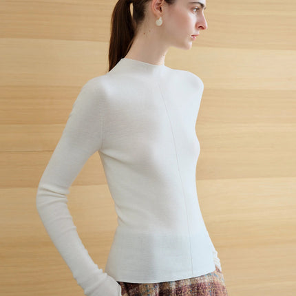 FSLE【Premium Series】German Biella Wool Autumn Super Fine Washable Seamless One-Piece Mock Neck Thermal Base Layer Shirt Women PlatiNum