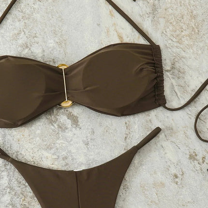 Costume da Bagno da Spiaggia alla Moda, Set Bikini a Perizoma per Donna, Sexy Costume da Bagno a Triangolo con Lacci, Due Pezzi, Stile Brasiliano, Tinta Unita platinumshop