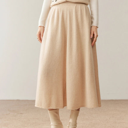 Women's 100% Pure Cashmere Skirt Autumn Winter Mid-calf A-line Knitted Full Skirt High Waist Soild Dress Elegant Basic High-end PlatiNum