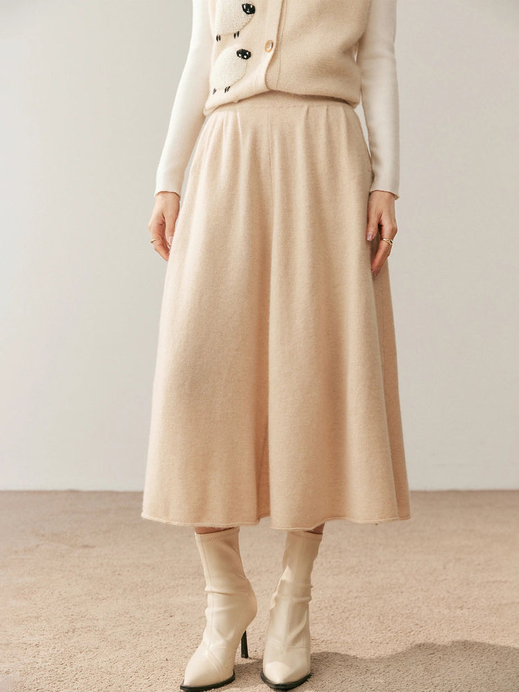 Women's 100% Pure Cashmere Skirt Autumn Winter Mid-calf A-line Knitted Full Skirt High Waist Soild Dress Elegant Basic High-end PlatiNum