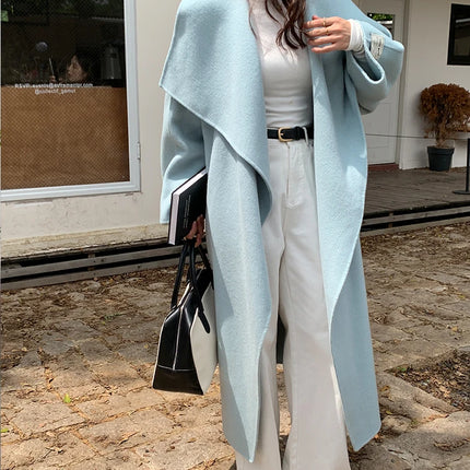 High-end Women Double-sided Wool Long Coat Warm Baby Blue Lapel Loose Double Breasted Wool Coat Female Fashion Autumn Winter