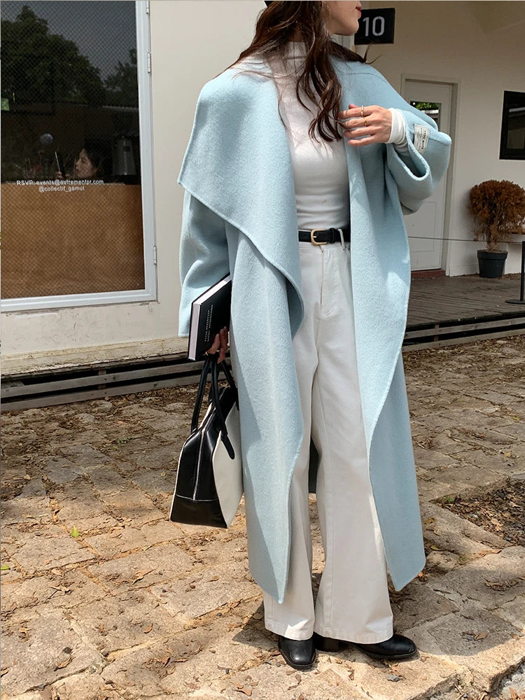 High-end Women Double-sided Wool Long Coat Warm Baby Blue Lapel Loose Double Breasted Wool Coat Female Fashion Autumn Winter