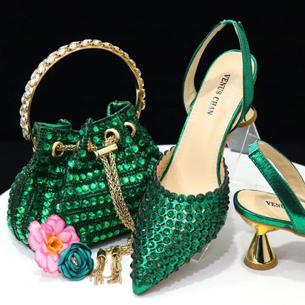 Venus Chan Pointed Toe Heels for Women 2023 Elegant Party Wine Color Full Diamond Pumps Italian Shoes and Bags Matching Set PlatiNum