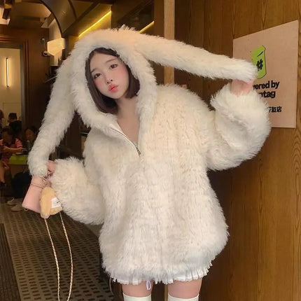 Cute rabbit ear lamb plush coat for women, 2024 autumn and winter new loose and thick hooded sweater, outerwear top