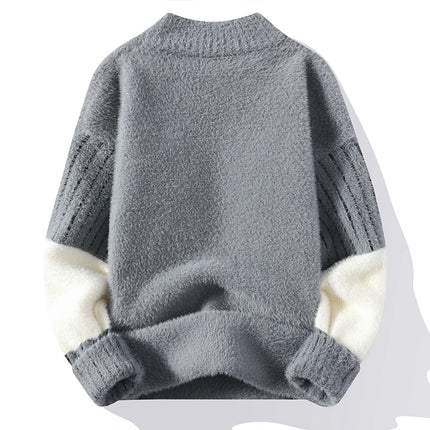 Thickened Winter Semi High Neck Knitted Sweater with Anti Pilling Splicing Men's Casual Long Sleeved Bottom Printed Pullover