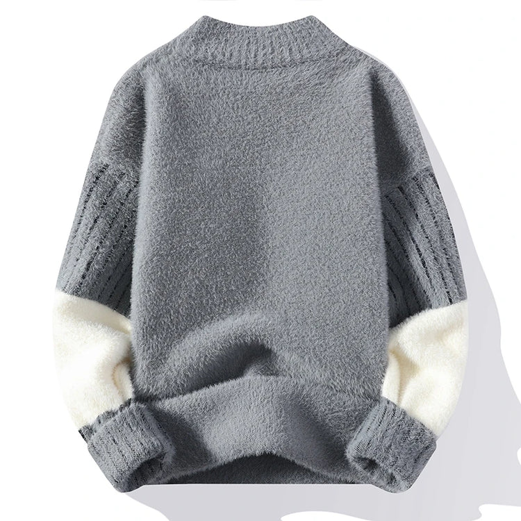 Thickened Winter Semi High Neck Knitted Sweater with Anti Pilling Splicing Men's Casual Long Sleeved Bottom Printed Pullover