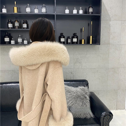 2024 New Oversize Ladies Outerwear Real Fur Coat Winter Jacket Women Natural Fox Fur Collar Cuffs Hood Cashmere Wool Woolen