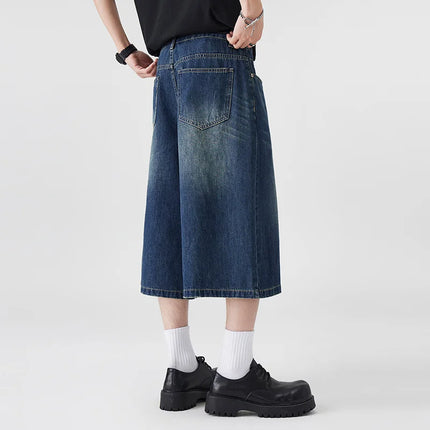 Pantaloncini Seven-Five in denim non elastico da uomo, vestibilità ampia, vestibilità ampia, versatile, stile semplice, casual