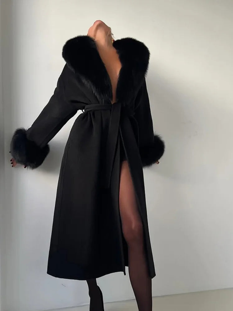 Women's Solid Color Lace Up Fur Collar Woolen Overcoat Bathrobe Style Long Loose Coat Advanced Atmosphere Autumn Winter Overwear