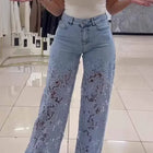 Jeans a Vita Alta e Gamba Larga, Pantaloni Estivi alla Moda con Inserti in Pizzo, Jeans in Denim Traforato e Drappeggiato, Jeans da Donna in Cotone con Cerniera per Primavera