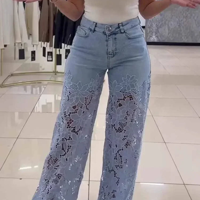 Jeans a Vita Alta e Gamba Larga, Pantaloni Estivi alla Moda con Inserti in Pizzo, Jeans in Denim Traforato e Drappeggiato, Jeans da Donna in Cotone con Cerniera per Primavera