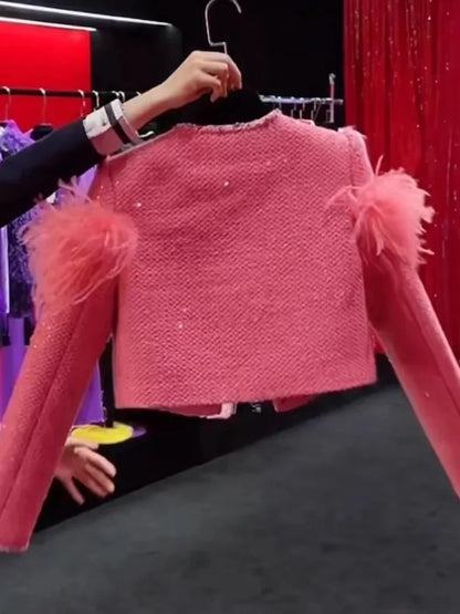 2024 Autumn Winter New Jackets Feminine Small Fragrant Short Coats Women's Feather Splicing Long Sleeve Solid Color Short Tops