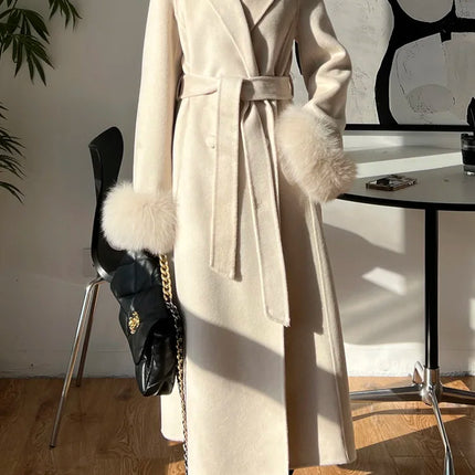 Autumn Winter Korean High-end Real Fox Fur Sleeves Women Black Slim Fit Waist Cinched Double-sided Wool Coat Long Woolen Coat