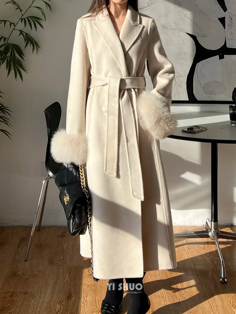 Autumn Winter Korean High-end Real Fox Fur Sleeves Women Black Slim Fit Waist Cinched Double-sided Wool Coat Long Woolen Coat