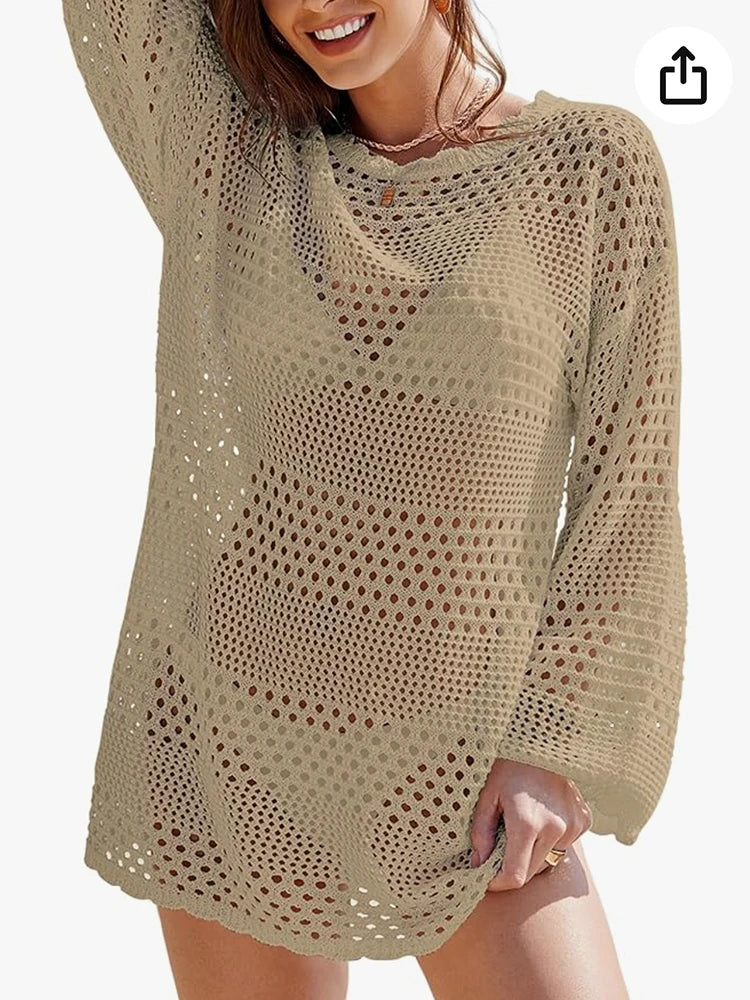 Copricostume da donna bianco traforato all'uncinetto con maniche a campana, vestibilità ampia, tunica da spiaggia primaverile/estiva platinumshop