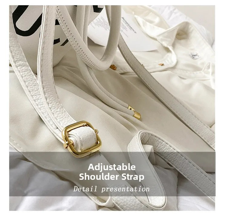 Spring New Fashion Letter PU Leather Bucket Bag Women Simple City Style Shoulder Handbag Trendy Crossbody Satchel Handbag PlatiNum