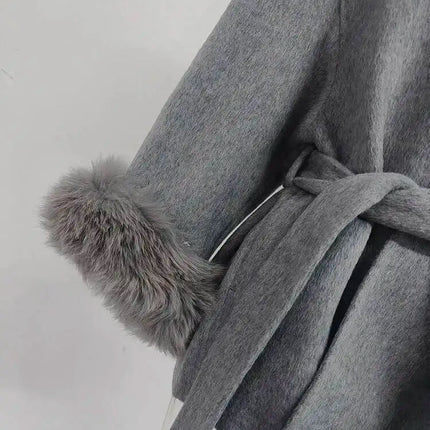 UCXQ Elegant Woolen Coat Temperament Office Lady Overcoats Fur Patchwork Long Sleeve Beautiful Women's Coats 2025 Winter New