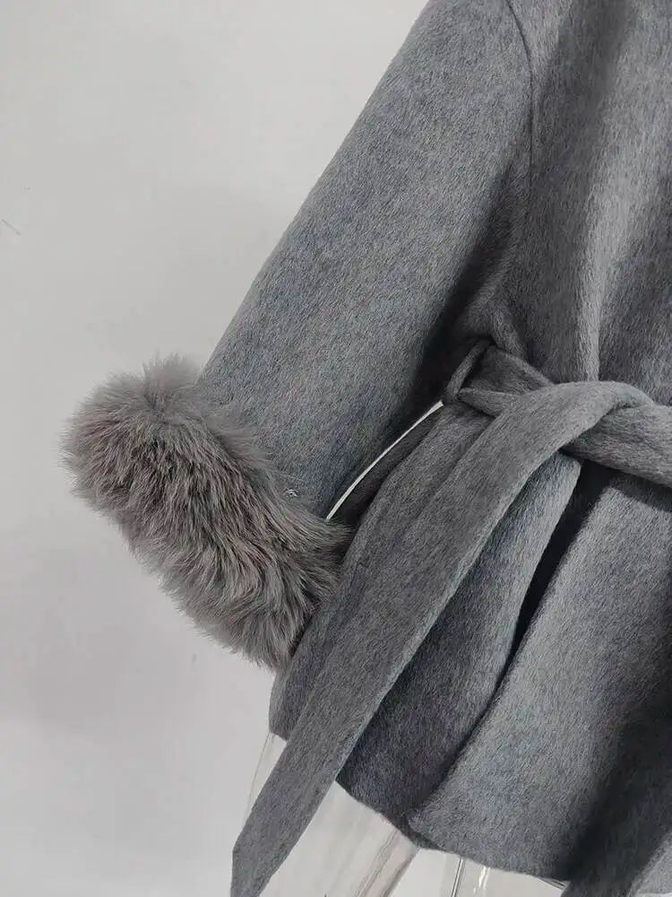UCXQ Elegant Woolen Coat Temperament Office Lady Overcoats Fur Patchwork Long Sleeve Beautiful Women's Coats 2025 Winter New