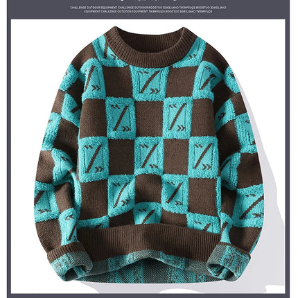 New Men's Fashion Round Neck Print Sweater Autumn Winter Contrast Color Printed Letter Long Sleeve Loose Casual Knitted Tops